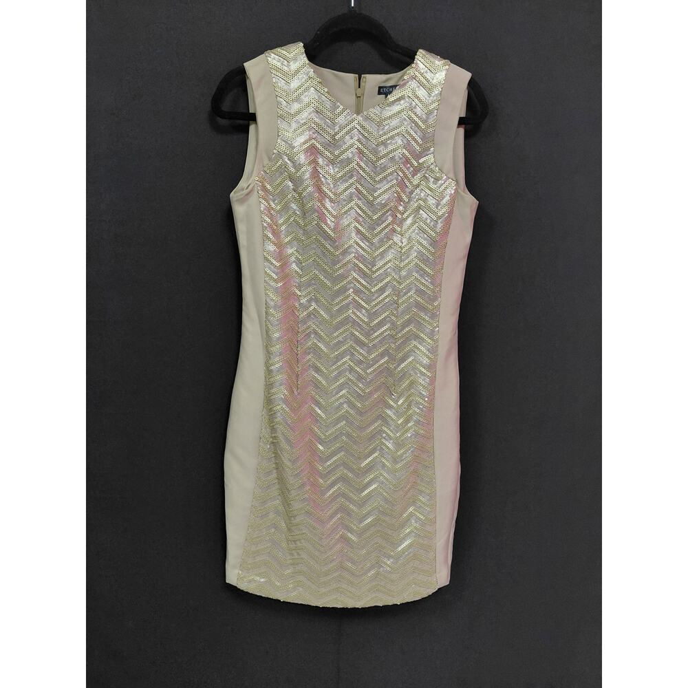 ETCHED Sequin Sleeveless Dress Beige Chevron Crew Neck  Sheath Size M